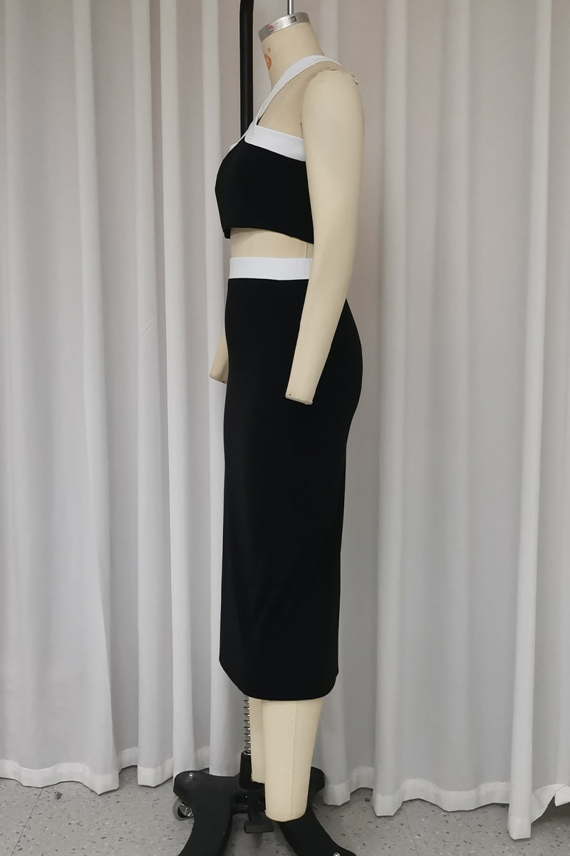 Slit Contrast Halter Sleeveless Two Pieces
