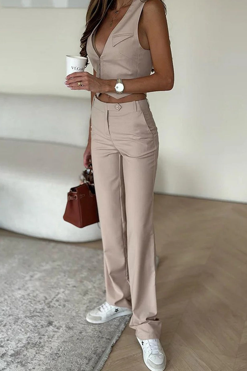 Pocket Buttons V Neck Sleeveless Two Pieces
