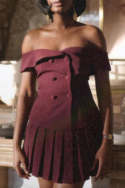 Buttons Patchwork Pleated Off Shoulder Two Pieces