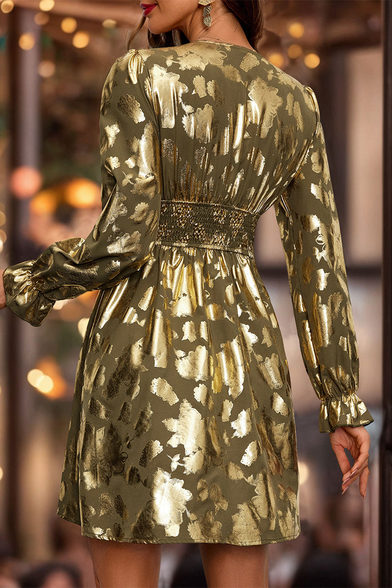 Party Bronzing Pattern Contrast V Neck Waist Skirt Dresses