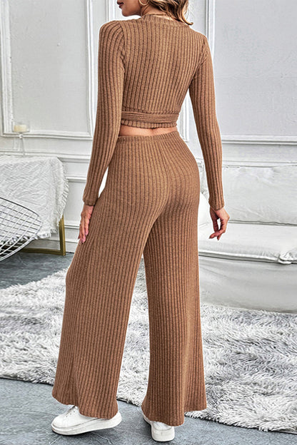 Lace Up Potholes V Neck Long Sleeve Two Pieces