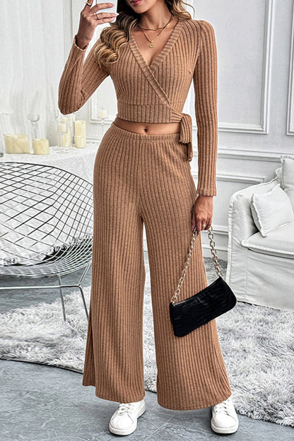 Lace Up Potholes V Neck Long Sleeve Two Pieces