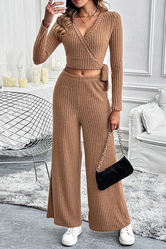 Lace Up Potholes V Neck Long Sleeve Two Pieces