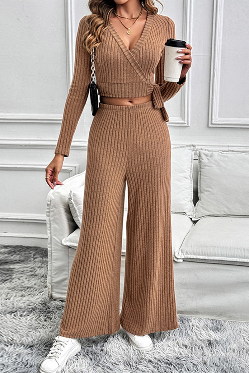 Lace Up Potholes V Neck Long Sleeve Two Pieces