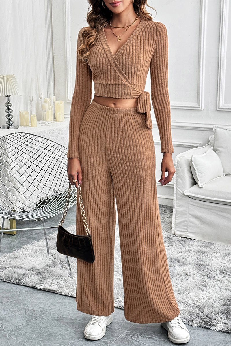 Lace Up Potholes V Neck Long Sleeve Two Pieces