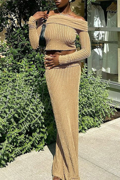 Patchwork Backless Off Shoulder Long Sleeve Two Pieces