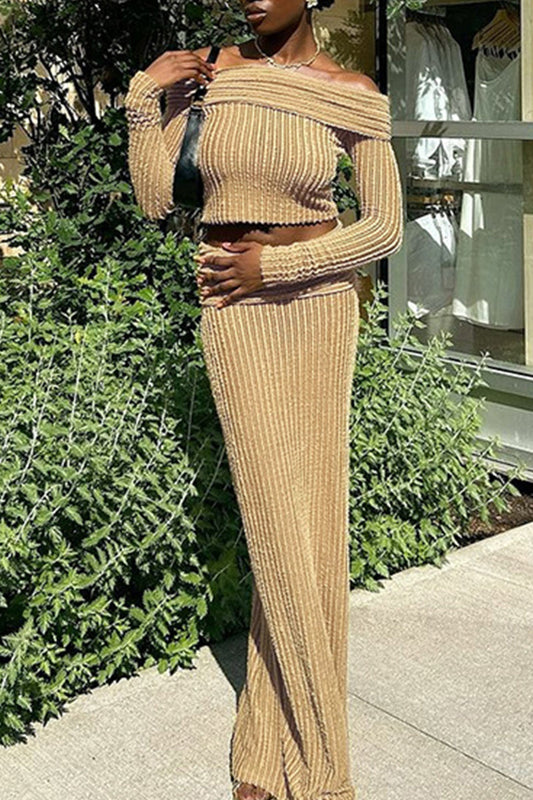 Patchwork Backless Off Shoulder Long Sleeve Two Pieces