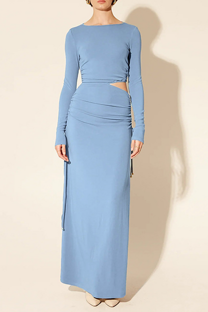 Daily Hollow Out Draw String O Neck One Step Skirt Dresses