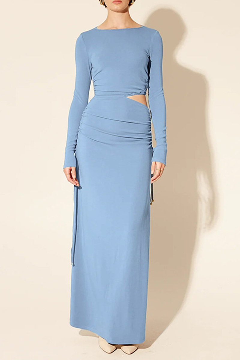 Daily Hollow Out Draw String O Neck One Step Skirt Dresses