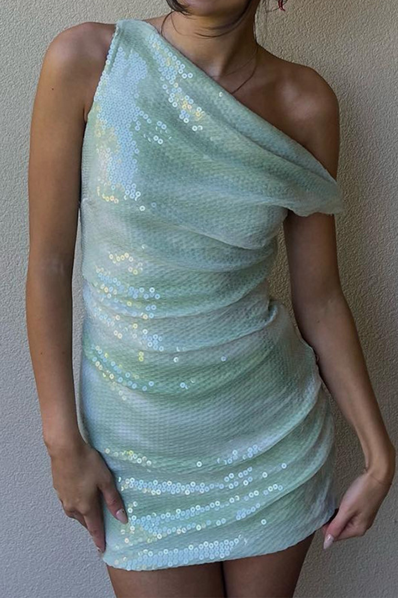 Party Gradient Sequins Contrast Sloping Shoulder Wrapped Skirt Dresses