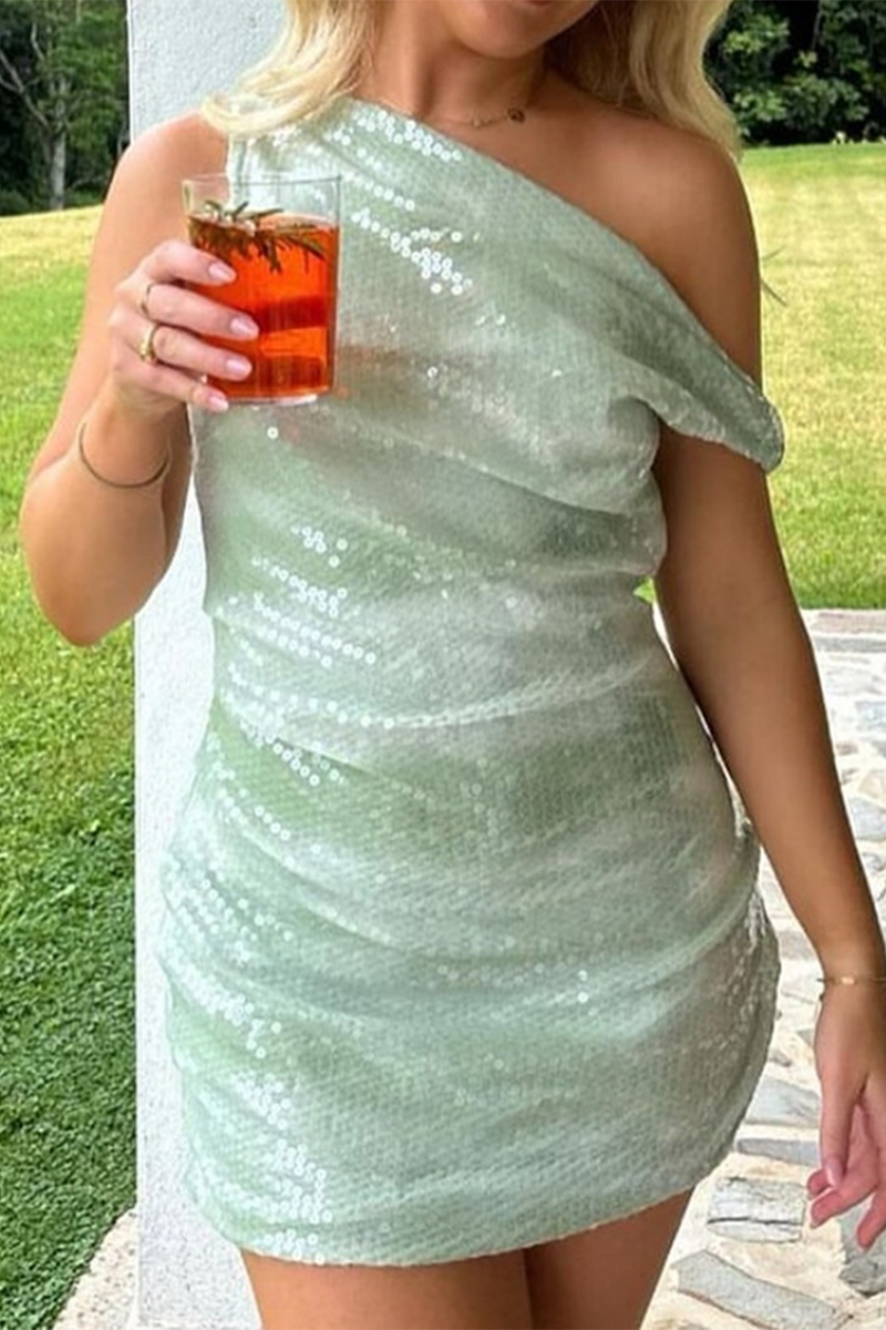 Party Gradient Sequins Contrast Sloping Shoulder Wrapped Skirt Dresses