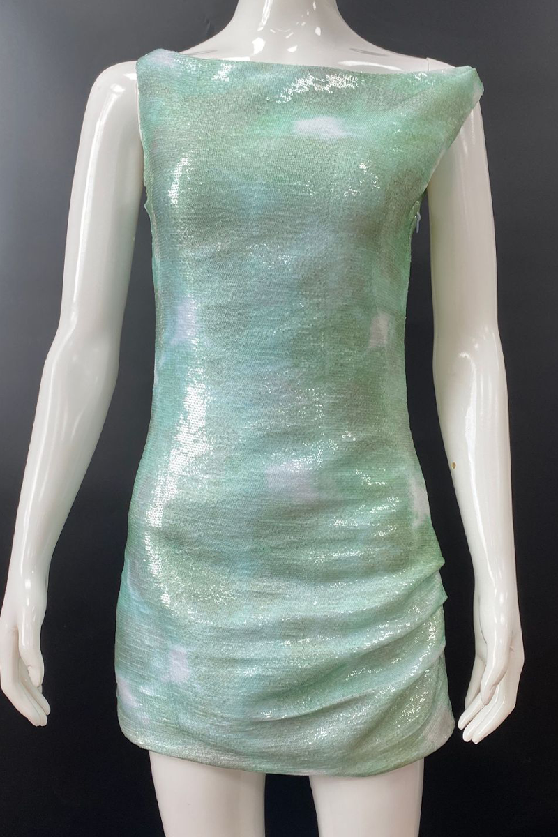 Party Gradient Sequins Contrast Sloping Shoulder Wrapped Skirt Dresses