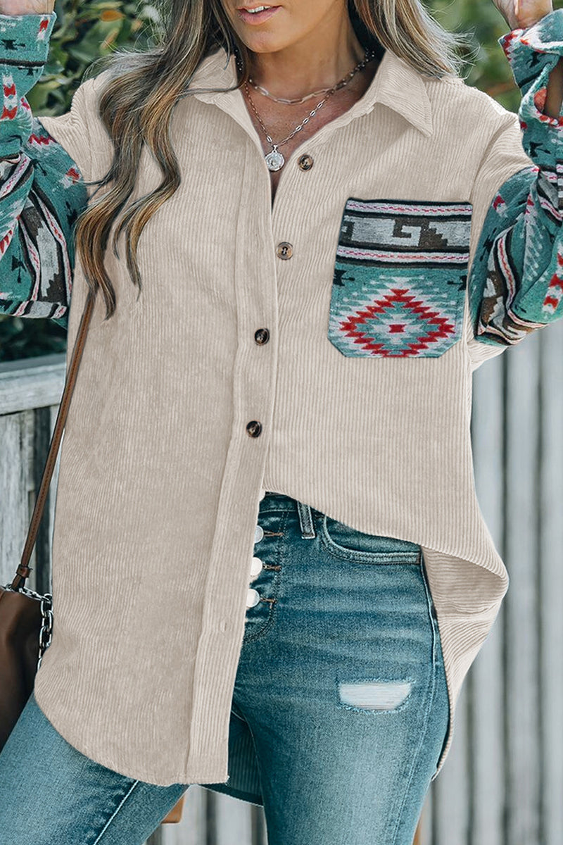 Geometric Print Pocket Patchwork Contrast Turndown Collar Blouses
