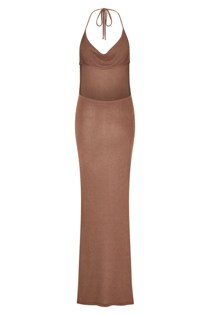 Backless Slit Belted Halter Long Dresses
