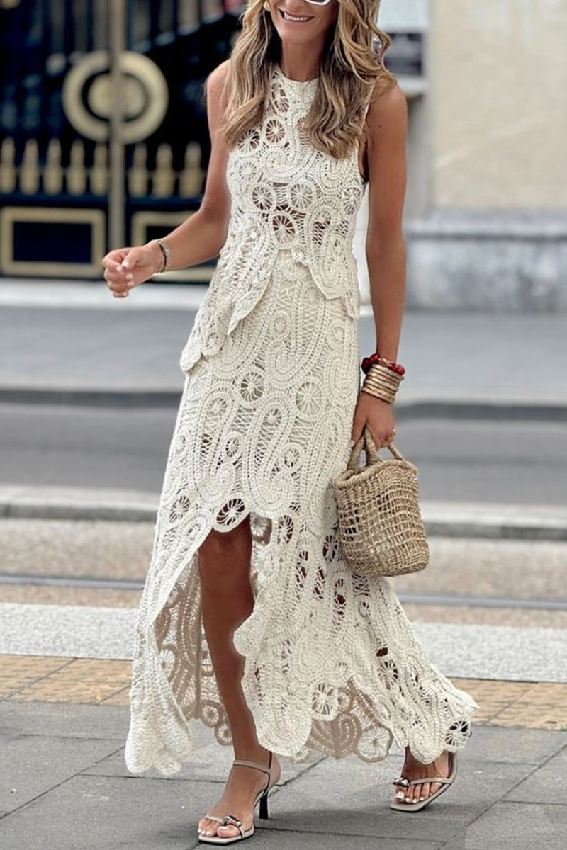 Street Hollow Out Slit Irregular O Neck Sleeveless Two Pieces