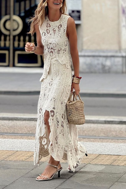 Street Hollow Out Slit Irregular O Neck Sleeveless Two Pieces