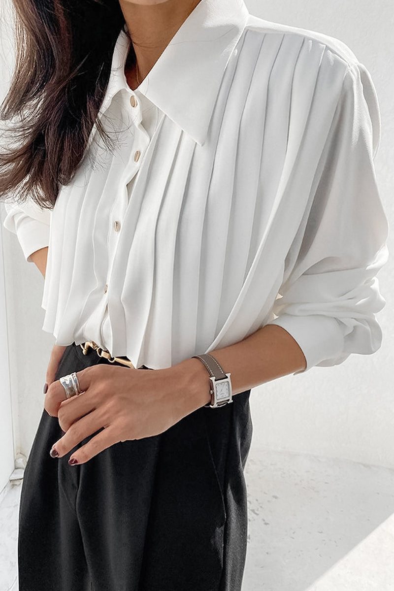 Buttons Pleated Turndown Collar Blouses