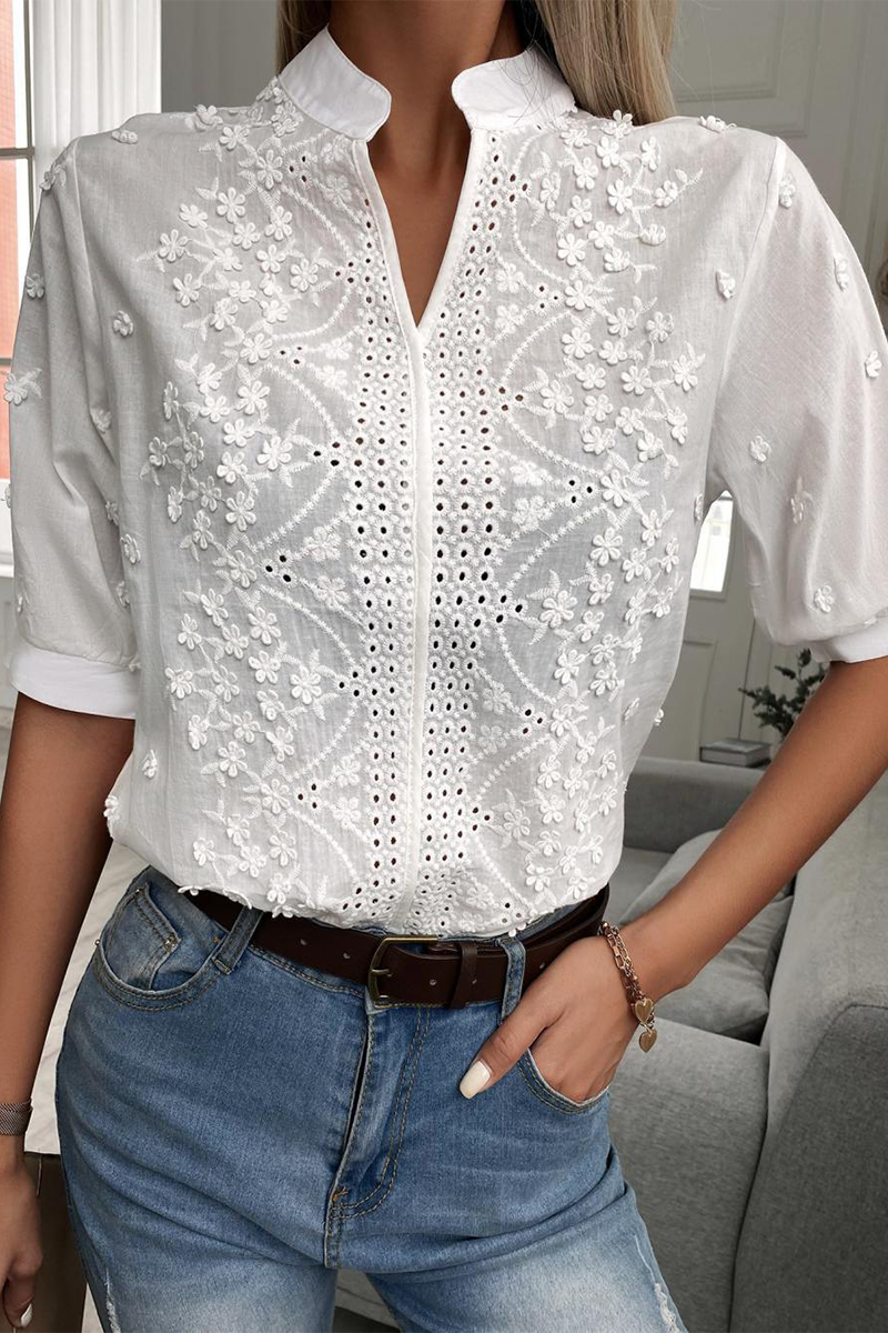 Color Lace Mandarin Collar Blouses
