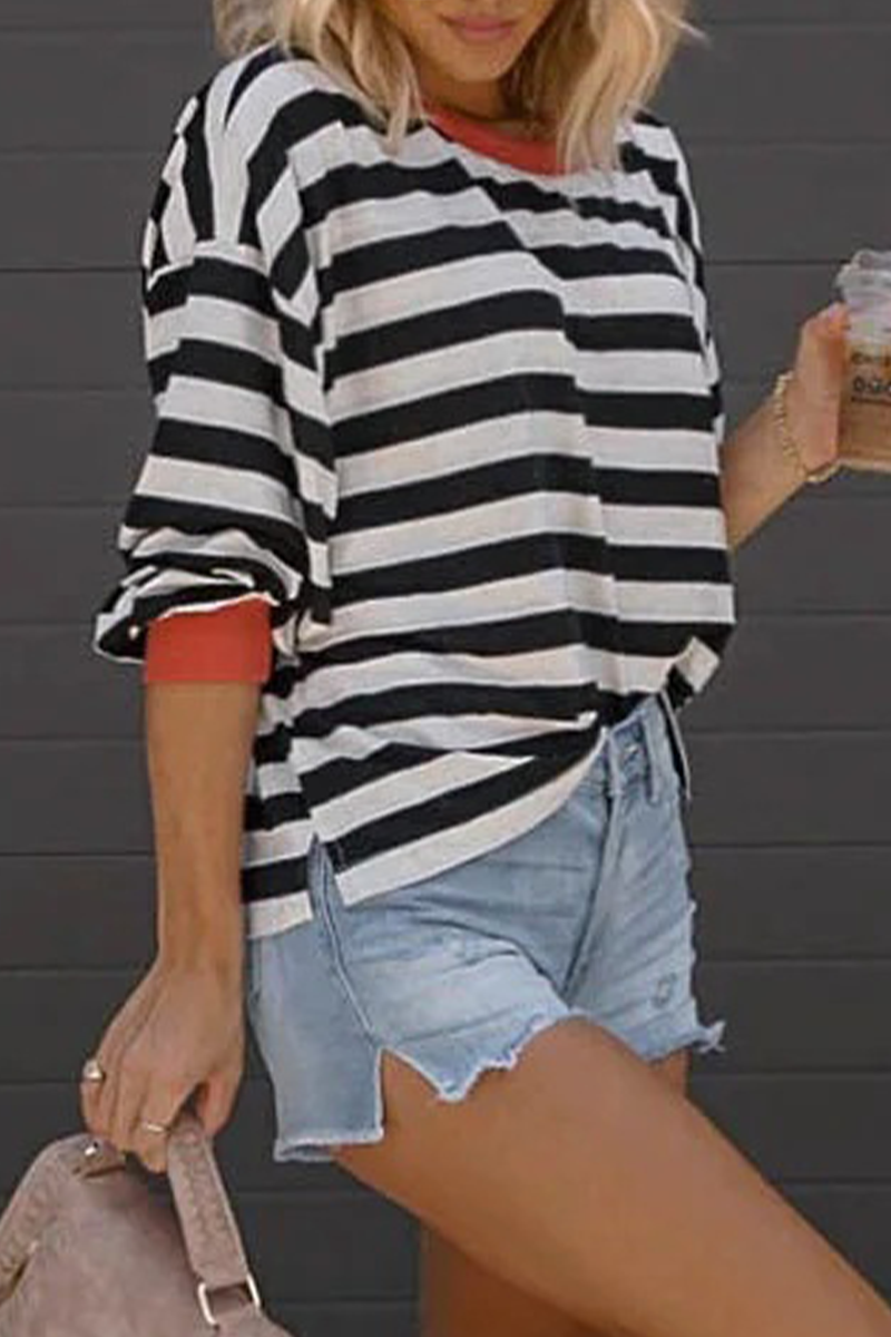 Letters Patchwork Contrast O Neck T-shirts