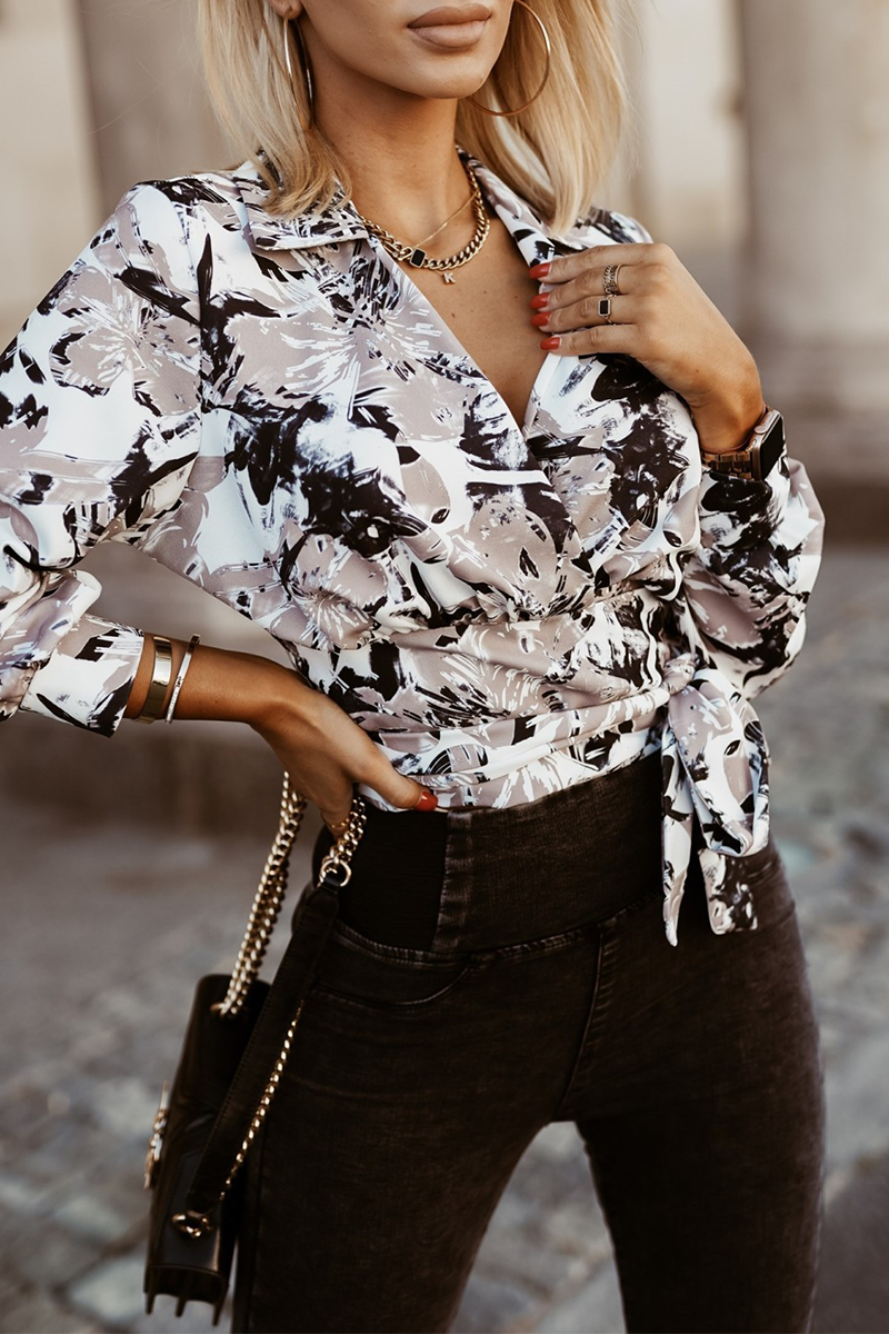 Geometric Print Lace Up Turndown Collar Blouses
