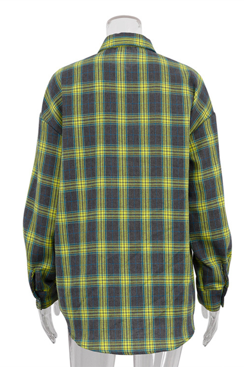 Street Plaid Pocket Buttons Contrast Turndown Collar Blouses(3 Colors)