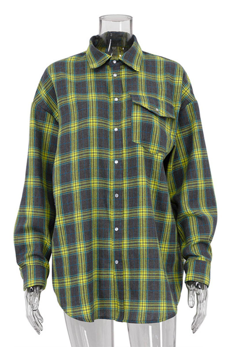 Street Plaid Pocket Buttons Contrast Turndown Collar Blouses(3 Colors)