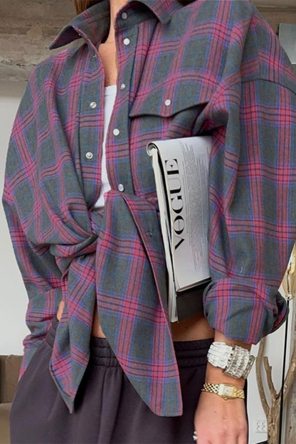 Street Plaid Pocket Buttons Contrast Turndown Collar Blouses(3 Colors)