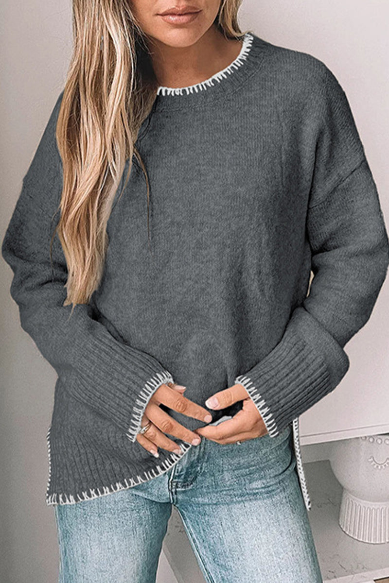 Daily Patchwork Contrast O Neck Sweaters(3 Colors)