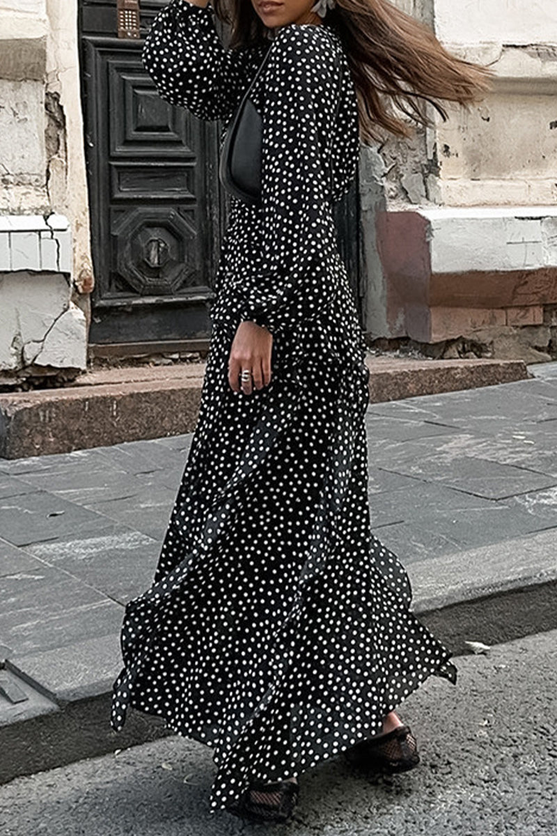 Street Polka Dot Patchwork Ruffle V Neck One Step Skirt Dresses