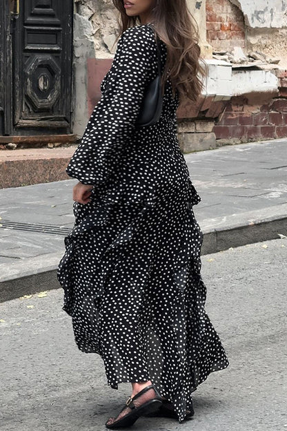 Street Polka Dot Patchwork Ruffle V Neck One Step Skirt Dresses