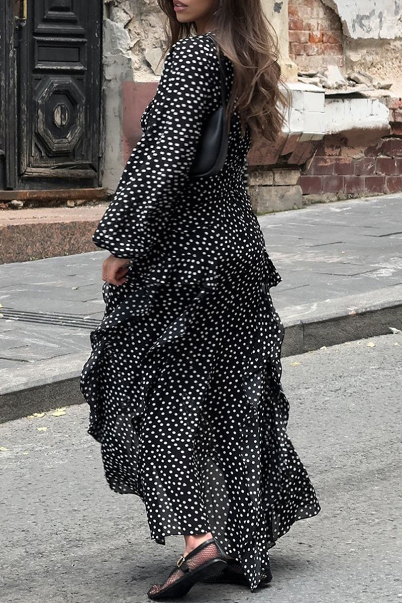 Street Polka Dot Patchwork Ruffle V Neck One Step Skirt Dresses