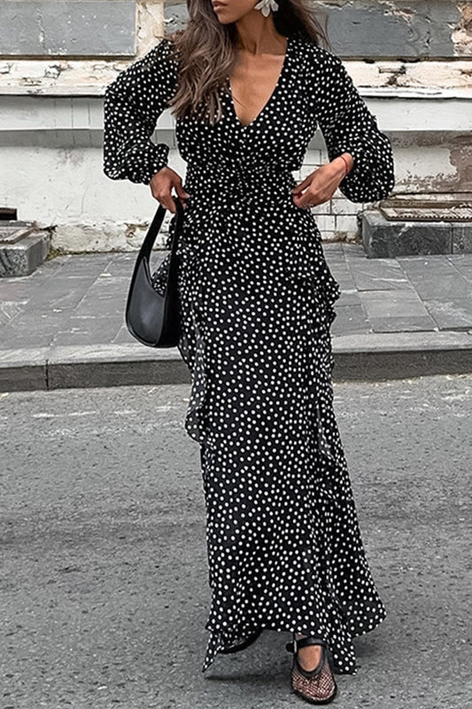 Street Polka Dot Patchwork Ruffle V Neck One Step Skirt Dresses