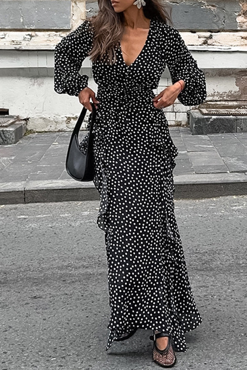 Street Polka Dot Patchwork Ruffle V Neck One Step Skirt Dresses