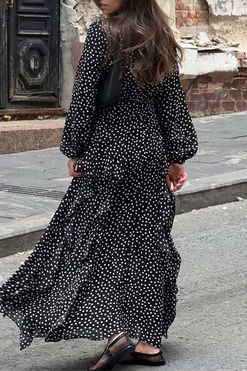 Street Polka Dot Patchwork Ruffle V Neck One Step Skirt Dresses