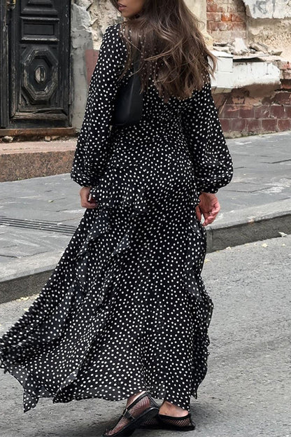 Street Polka Dot Patchwork Ruffle V Neck One Step Skirt Dresses