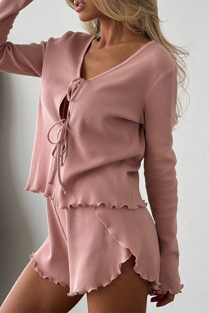 Daily Lace Up Ruffle V Neck Long Sleeve Two Pieces