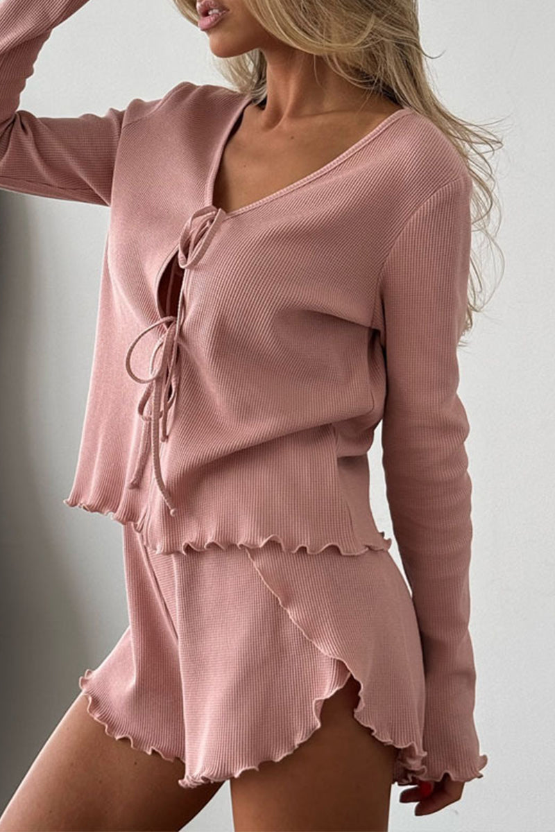 Daily Lace Up Ruffle V Neck Long Sleeve Two Pieces