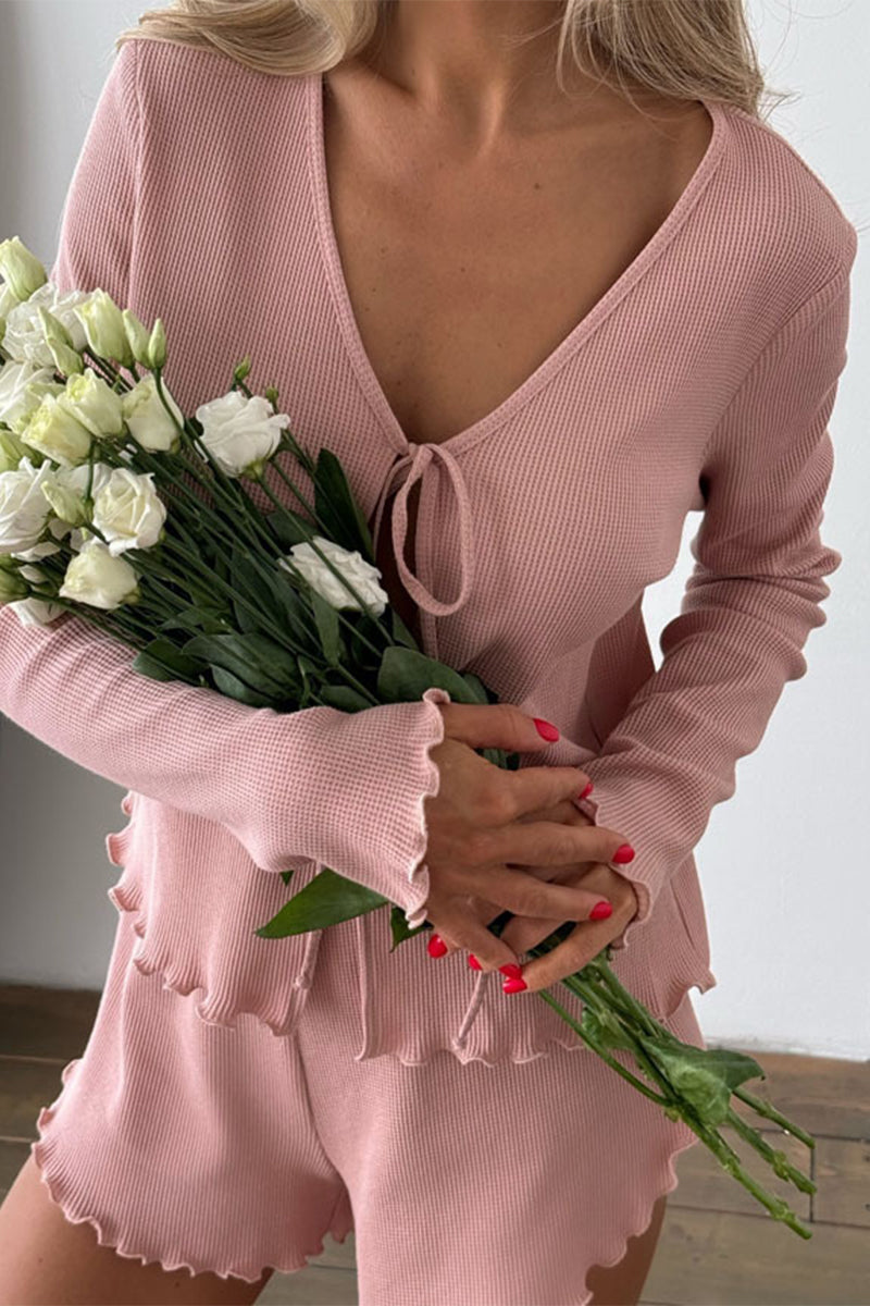 Daily Lace Up Ruffle V Neck Long Sleeve Two Pieces