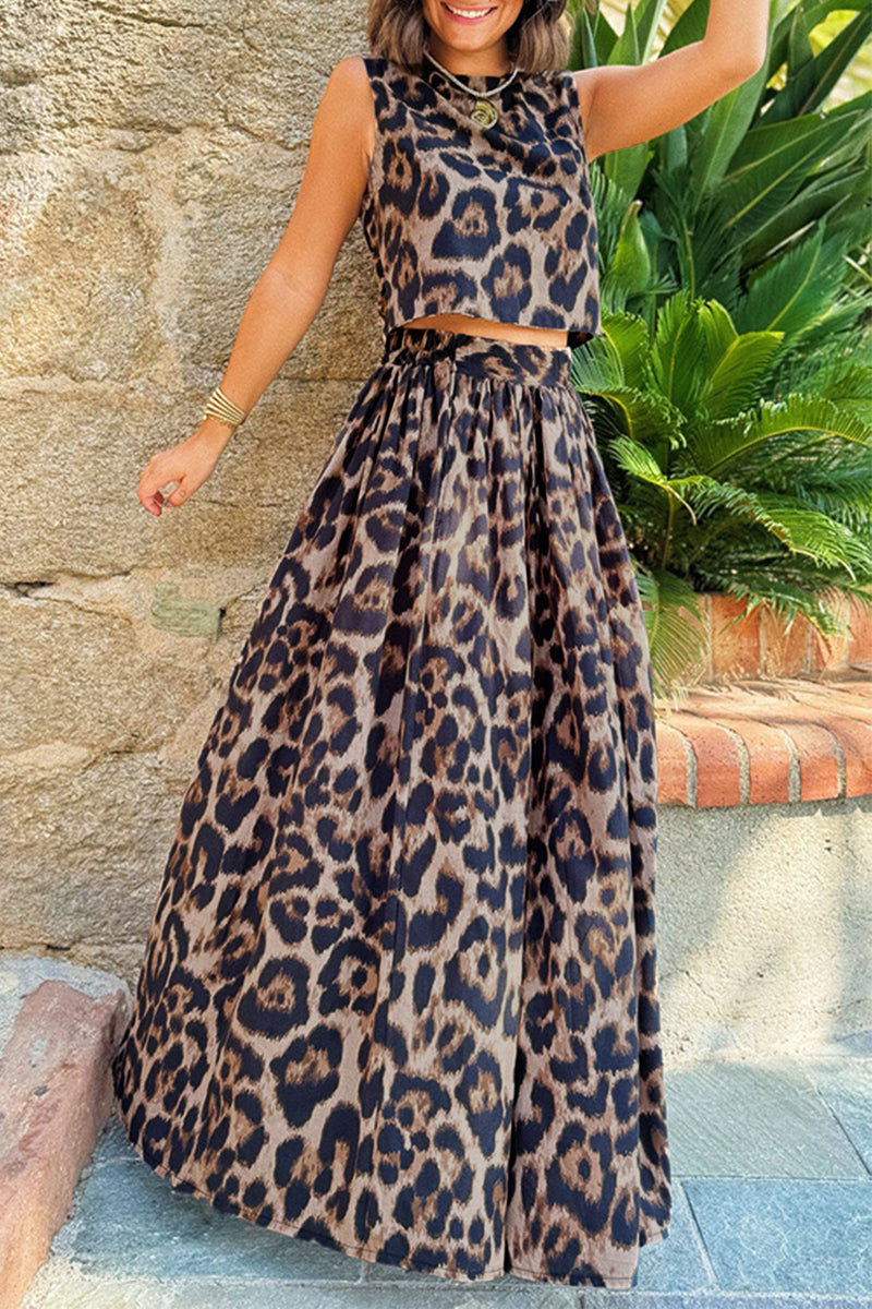 Vacation Leopard Backless Contrast O Neck Sleeveless Two Pieces