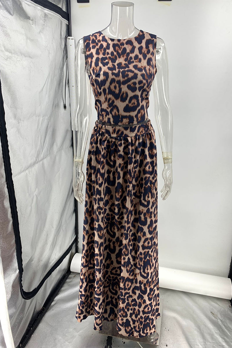 Vacation Leopard Backless Contrast O Neck Sleeveless Two Pieces