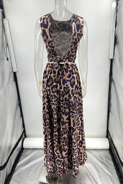 Vacation Leopard Backless Contrast O Neck Sleeveless Two Pieces