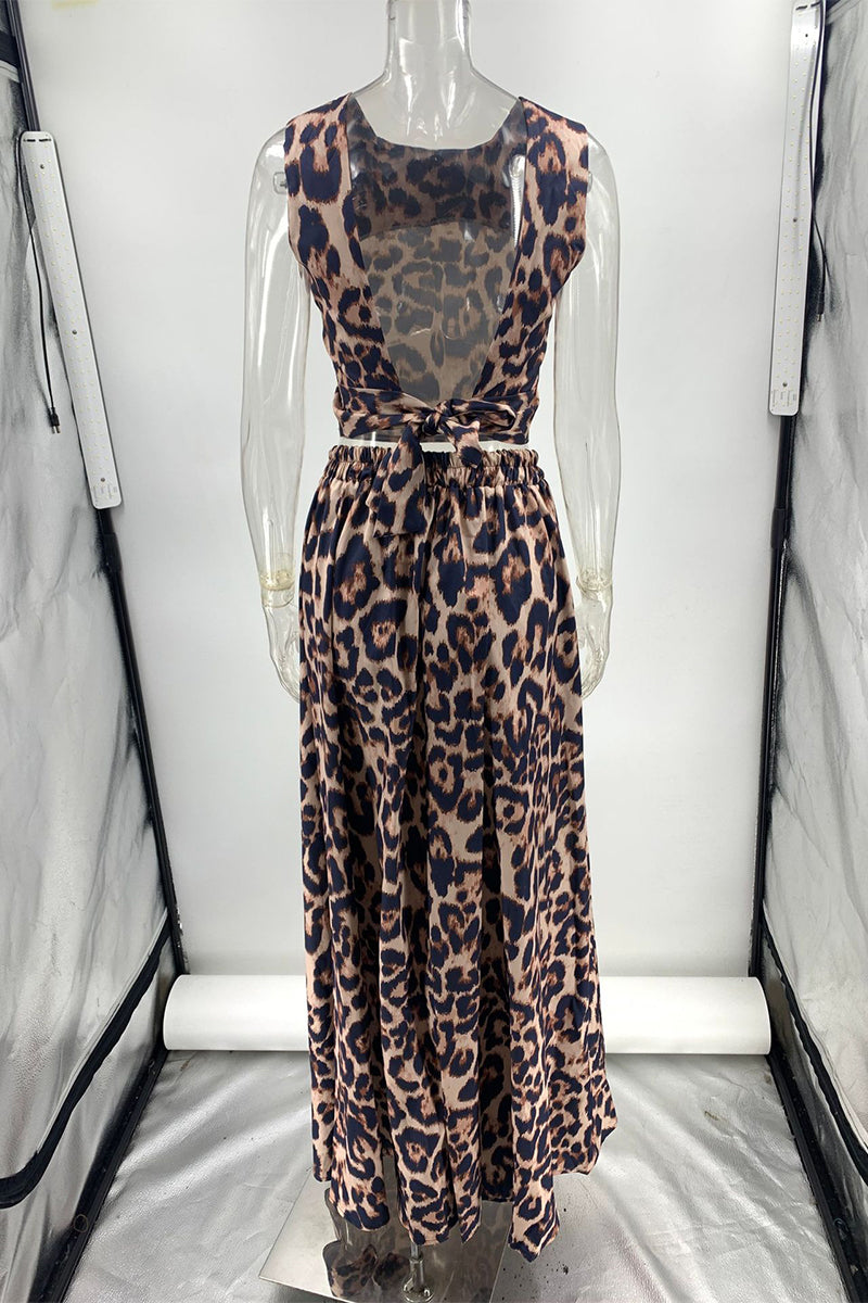 Vacation Leopard Backless Contrast O Neck Sleeveless Two Pieces
