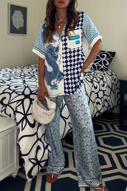 Street Plaid Animal Print Pocket Contrast Turndown Collar Short Sleeve Two Pieces