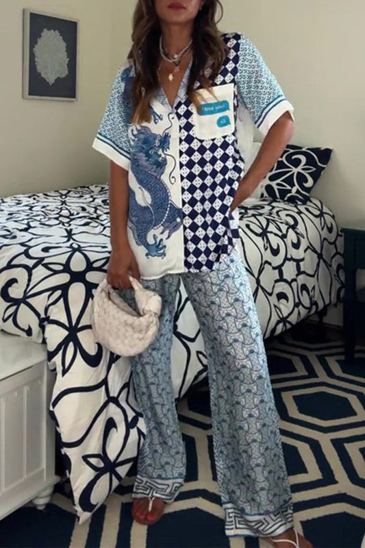 Street Plaid Animal Print Pocket Contrast Turndown Collar Short Sleeve Two Pieces