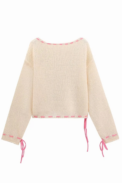 Draw String Weave O Neck Sweaters