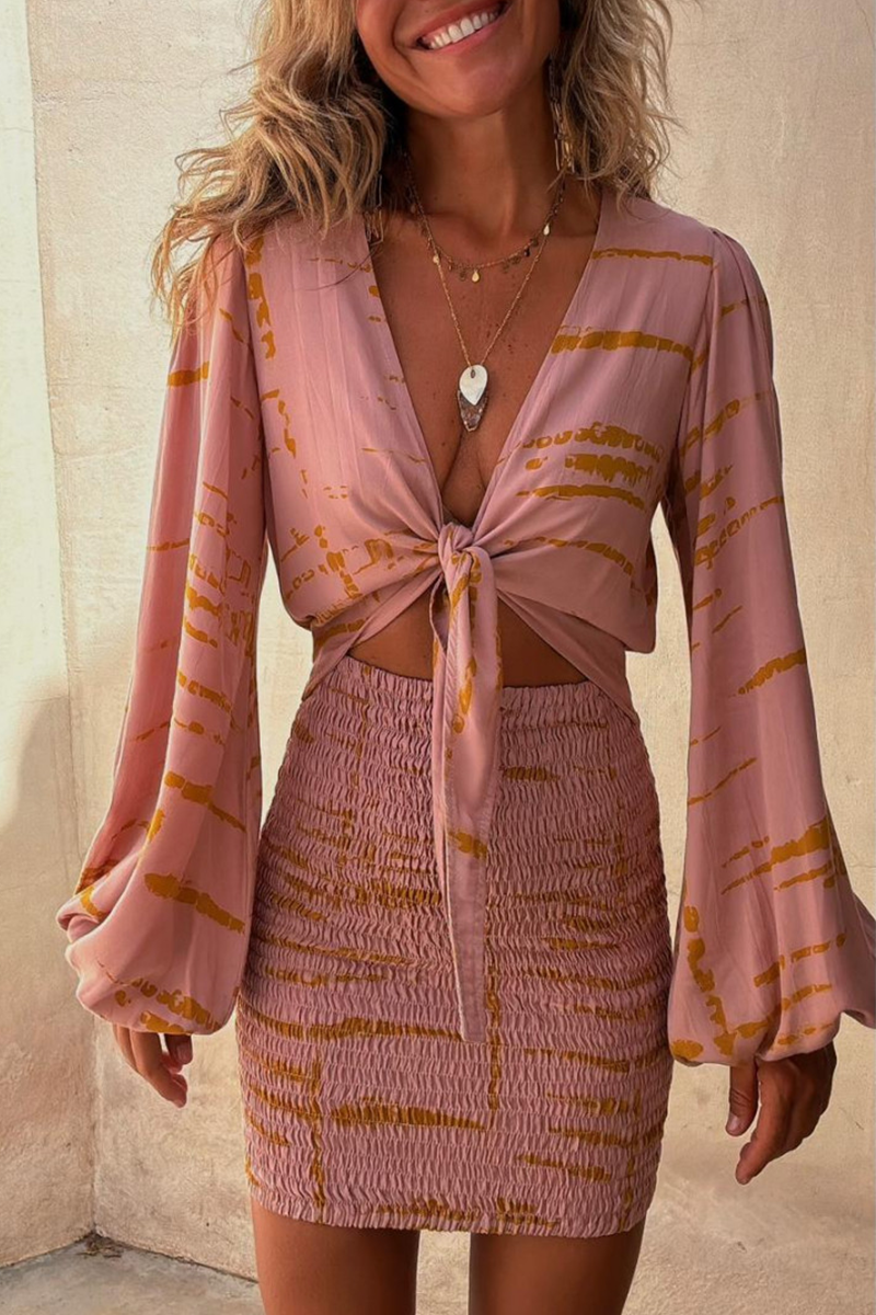 Vacation Geometric Print Lace Up Contrast V Neck Wrapped Skirt Dresses