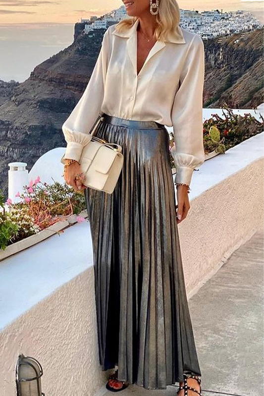 Vacation Color Buttons Pleated Turndown Collar Long Sleeve Two Pieces