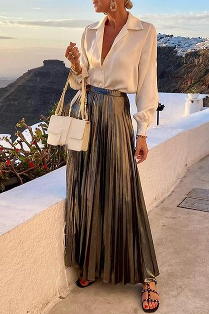 Vacation Color Buttons Pleated Turndown Collar Long Sleeve Two Pieces