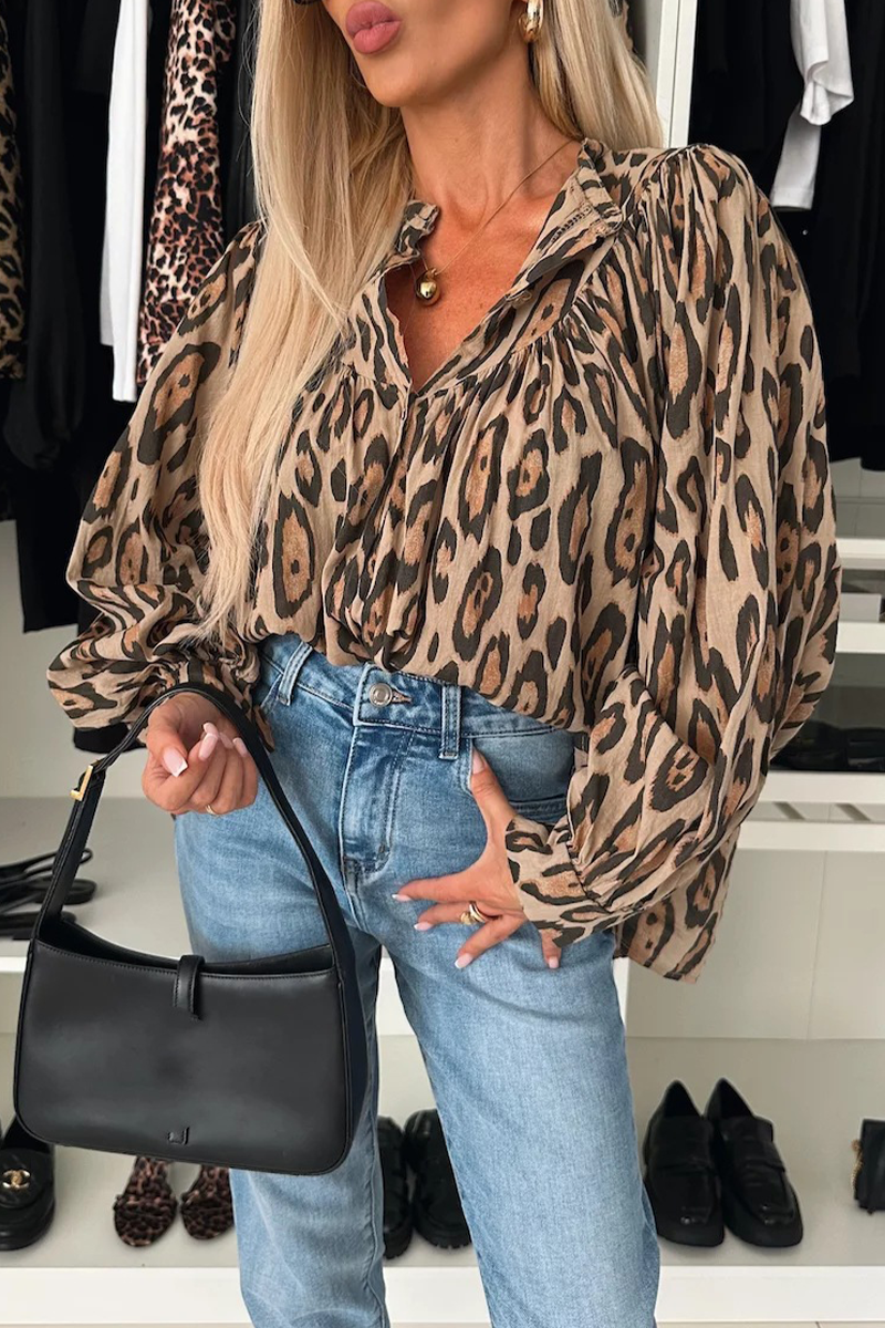 Leopard Buttons Ruched O Neck Blouses
