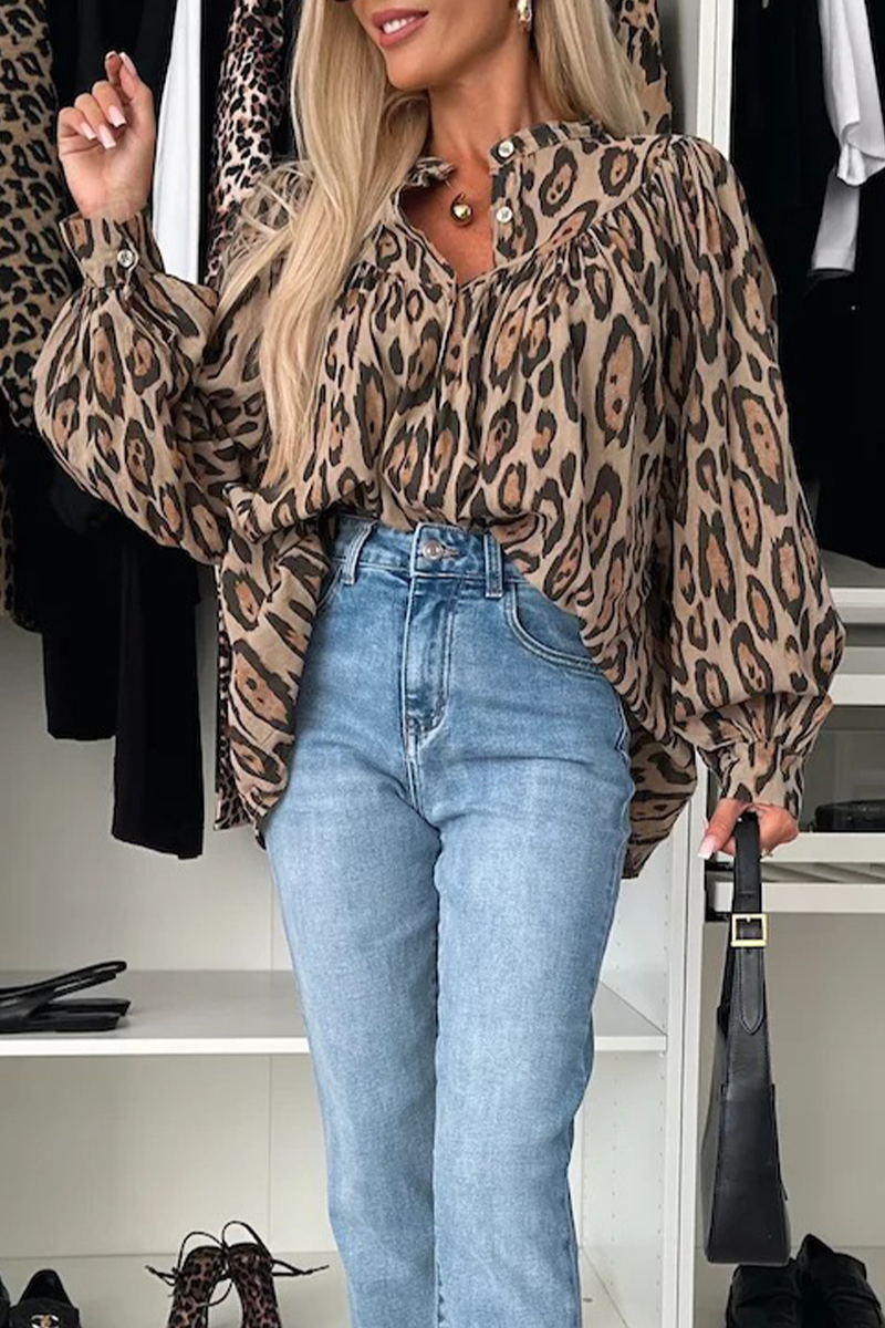 Leopard Buttons Ruched O Neck Blouses